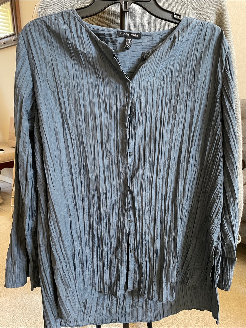 Eileen Fisher Crinkled Slate Gray Blue Button-Front Tunic Washable Silk XS